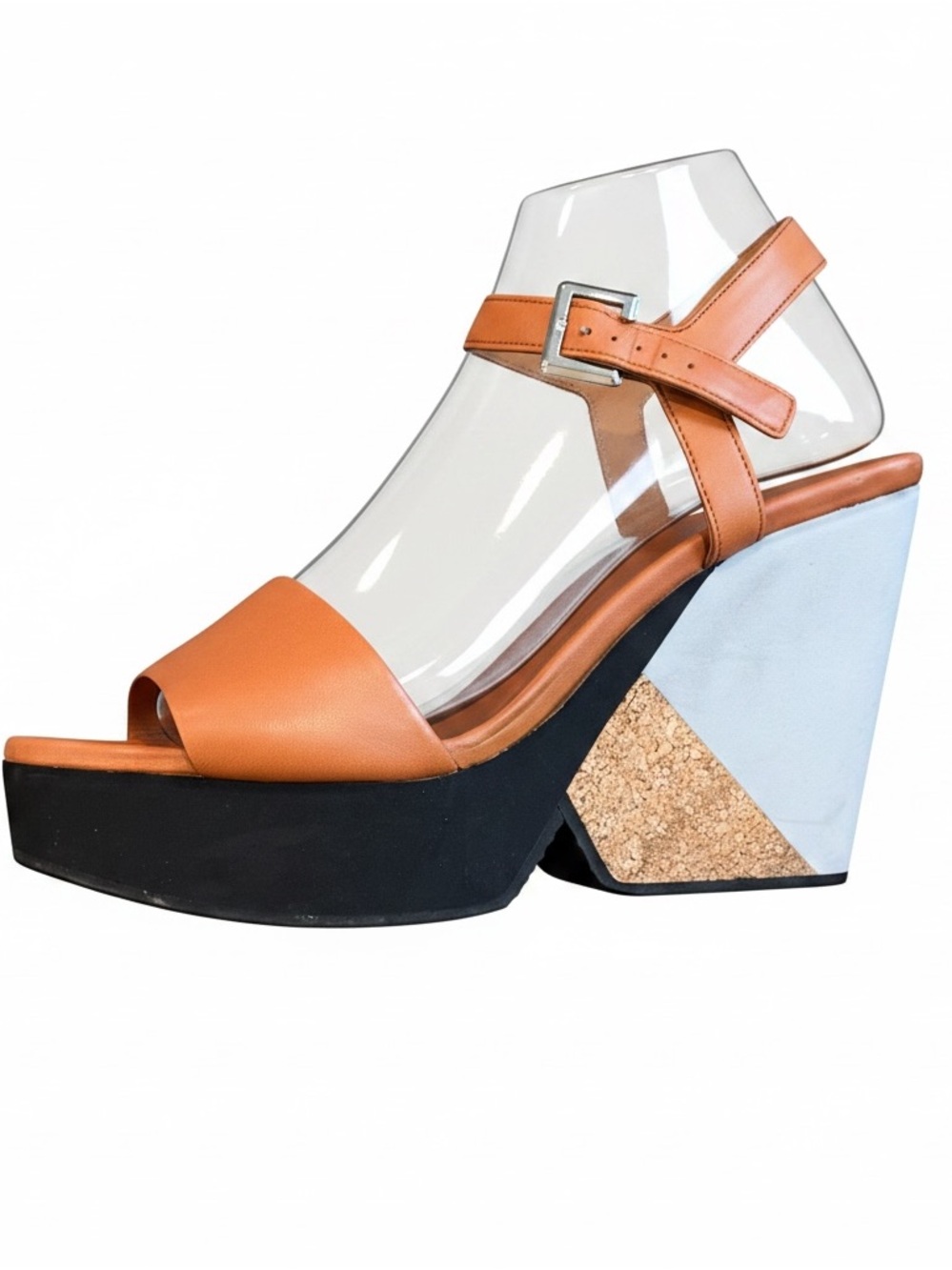 Robert Clergerie Tan and Black Geometric Cork Wedge Sandals